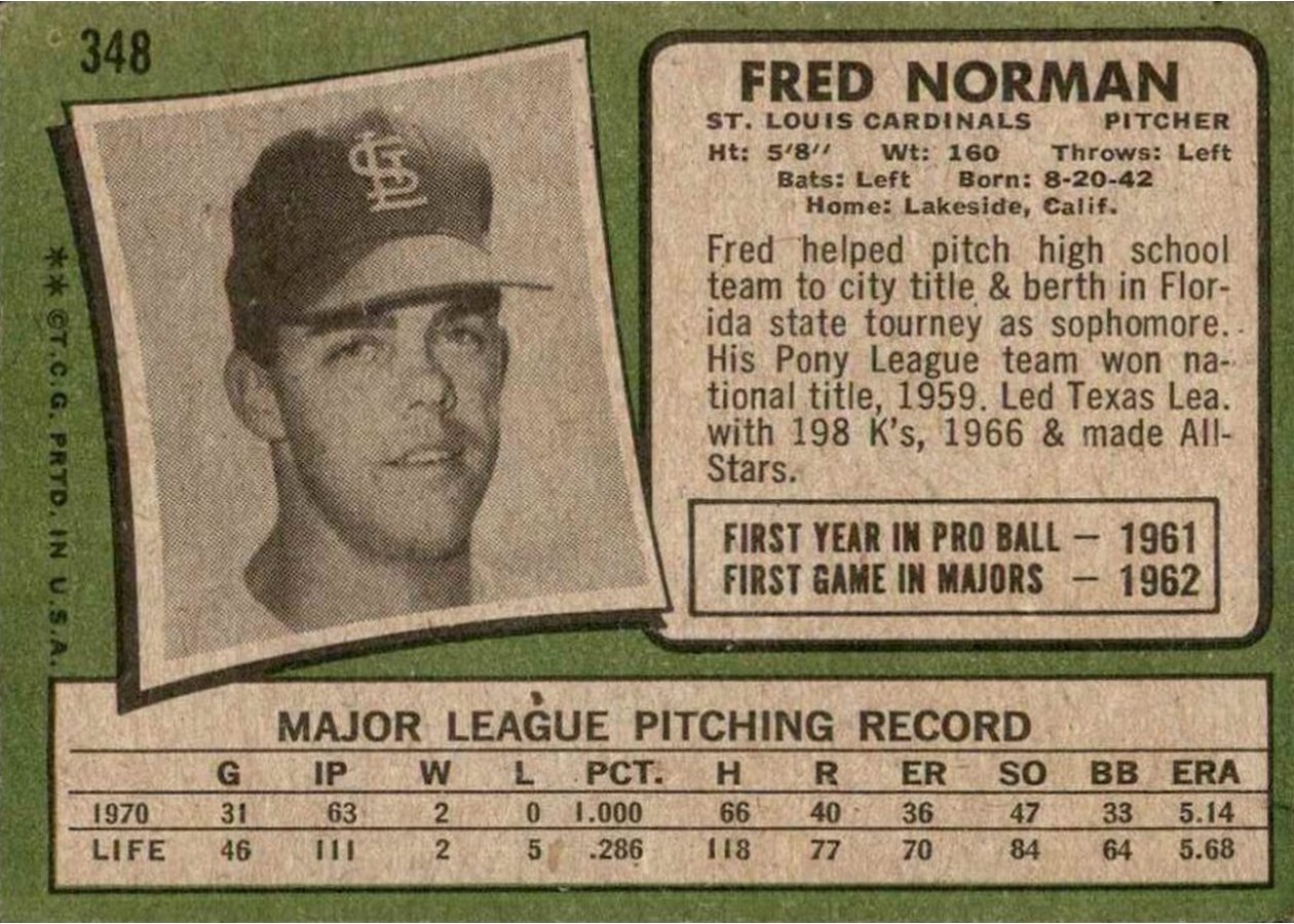 1971 Topps #348 Fred Norman card back