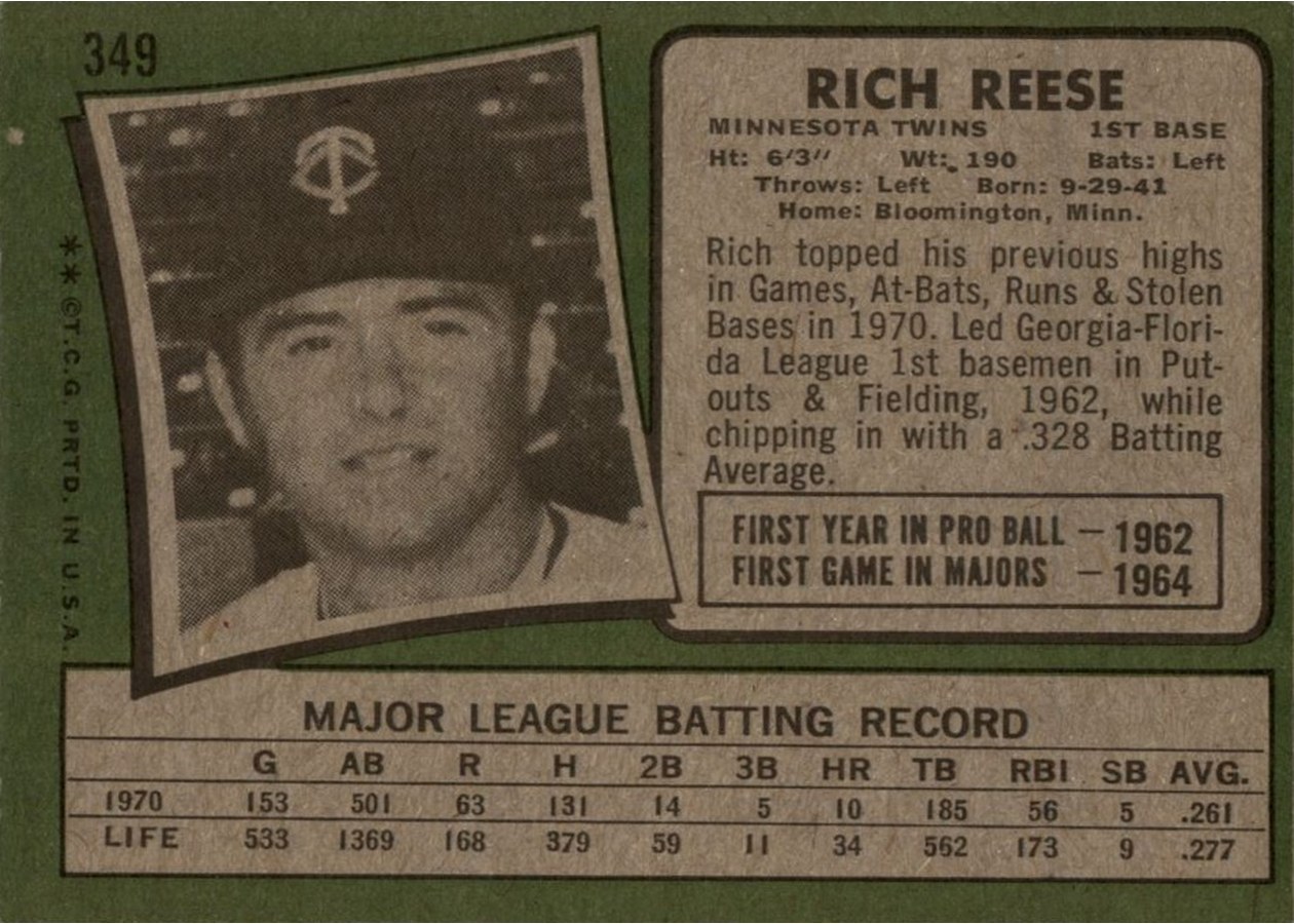 1971 Topps #349 Rich Reese card back