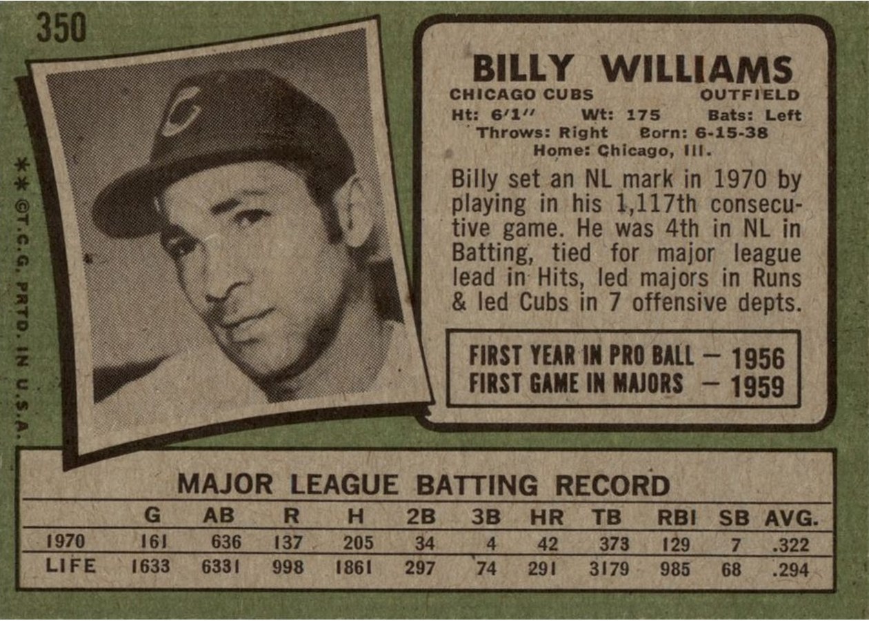 1971 Topps #350 Billy Williams card back