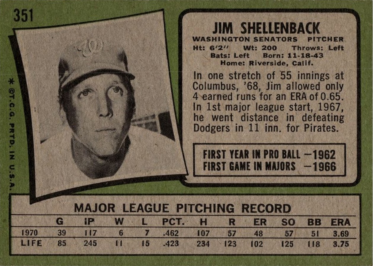1971 Topps #351 Jim Shellenback card back