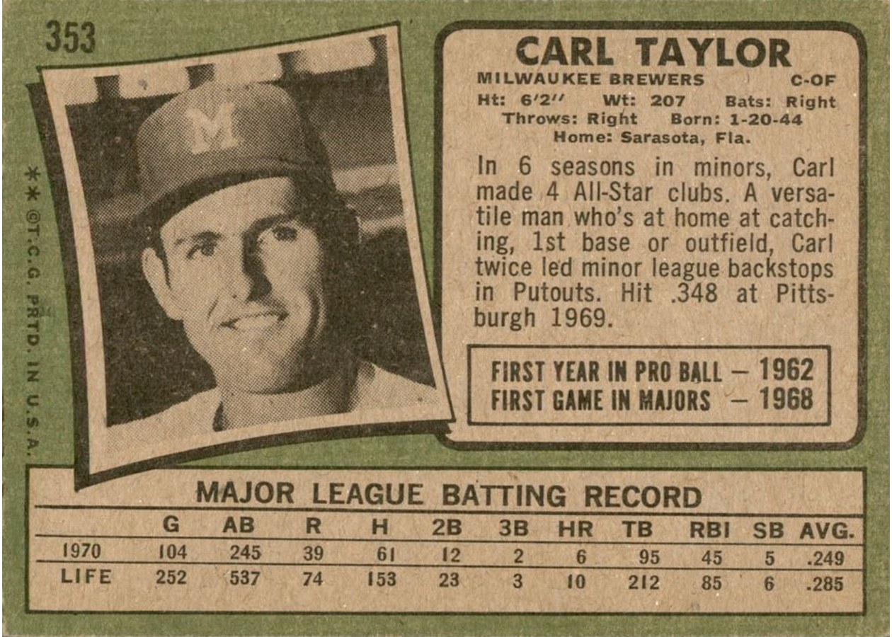1971 Topps #353 Carl Taylor card back