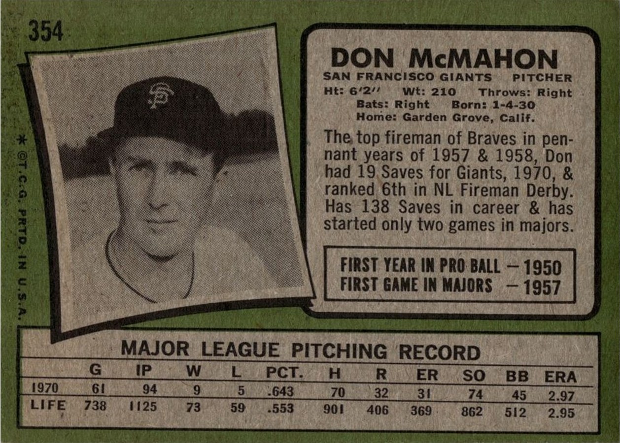 1971 Topps #354 Don McMahon card back