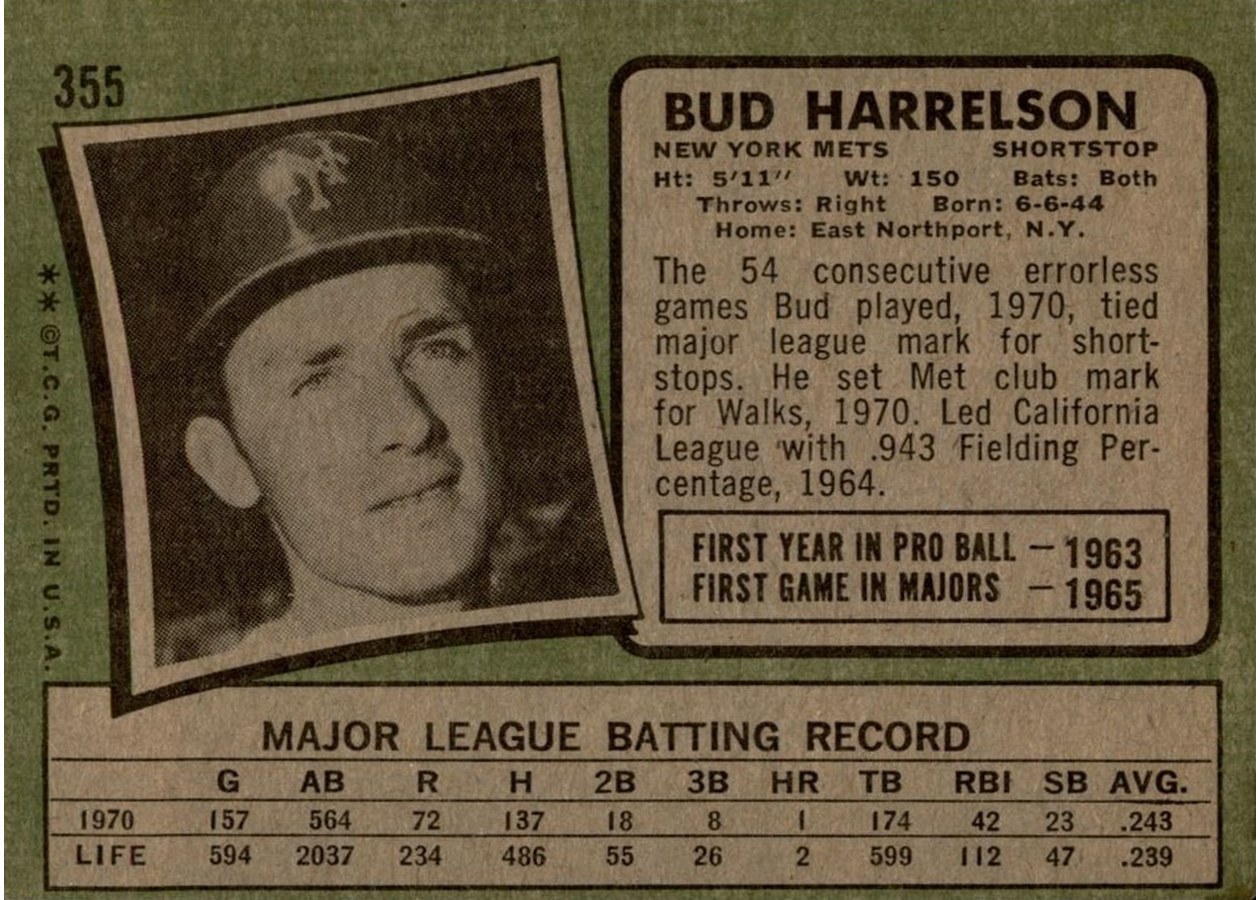 1971 Topps #355 Bud Harrelson card back