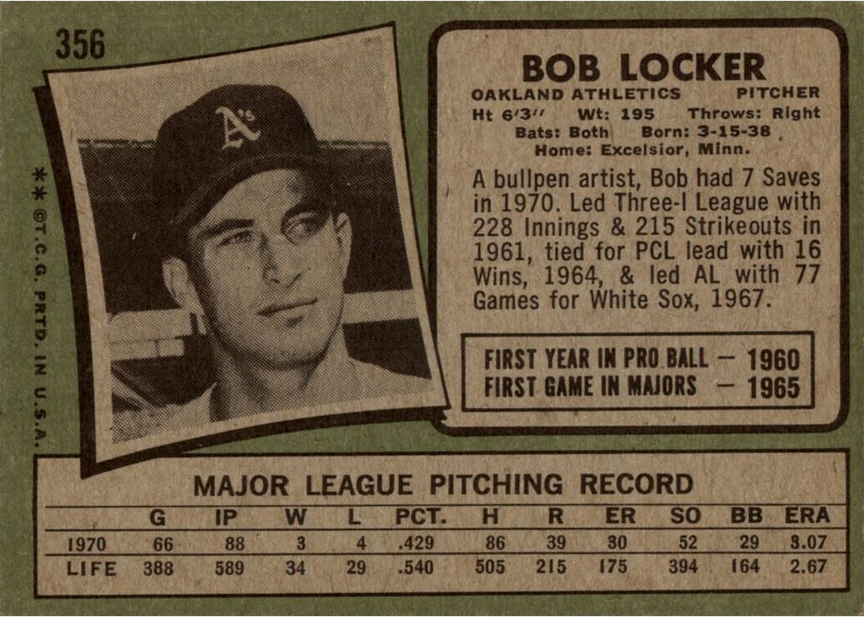 1971 Topps #356 Bob Locker card back