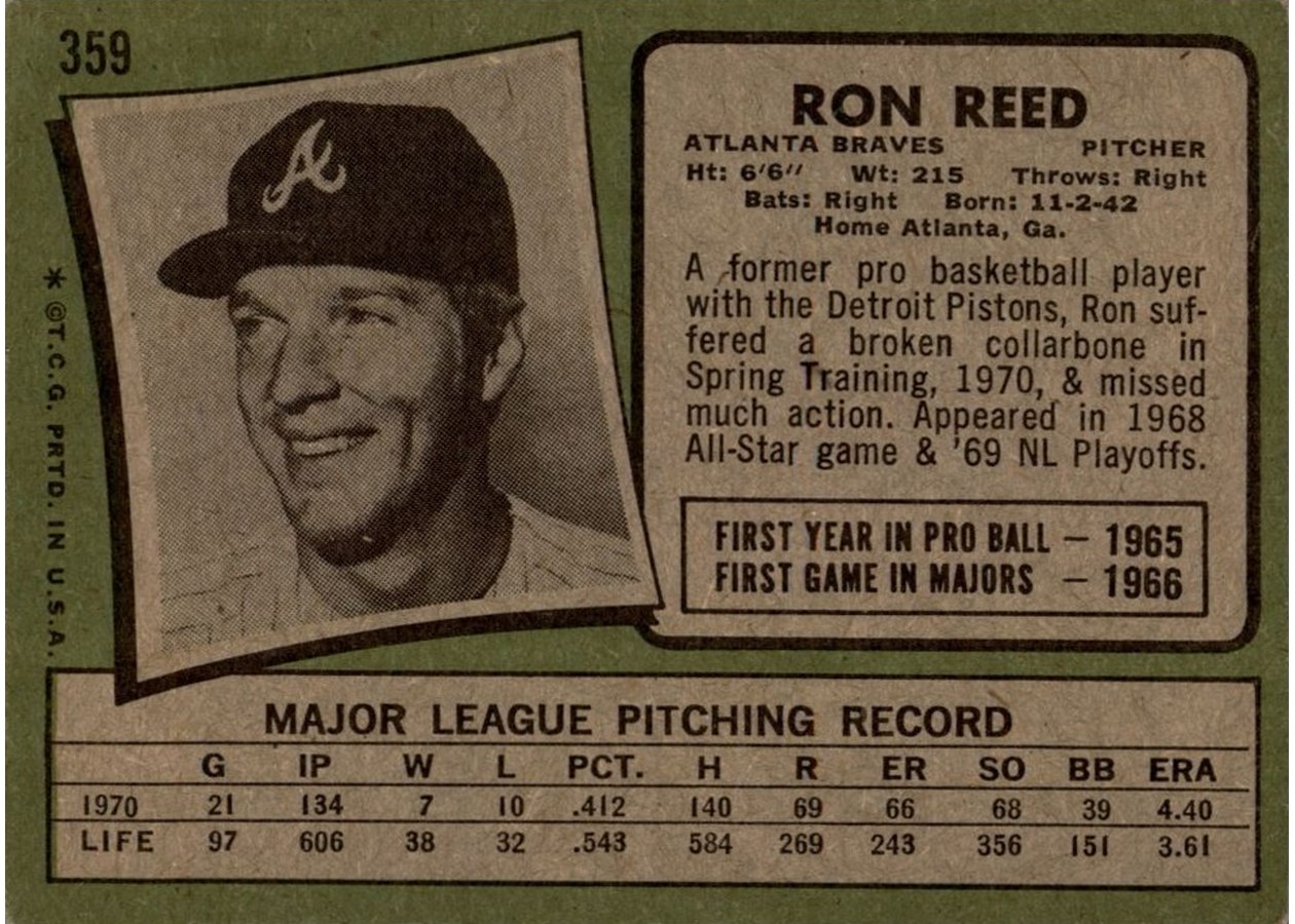 1971 Topps #359 Ron Reed card back