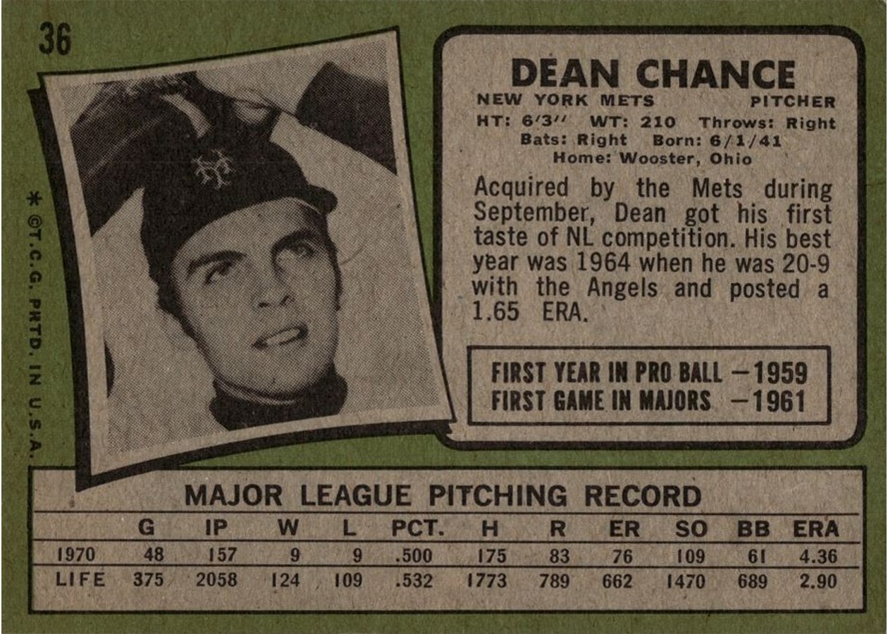 1971 Topps #36 Dean Chance card back