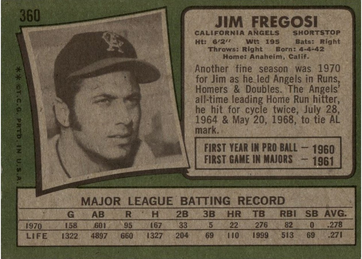 1971 Topps #360 Jim Fregosi card back