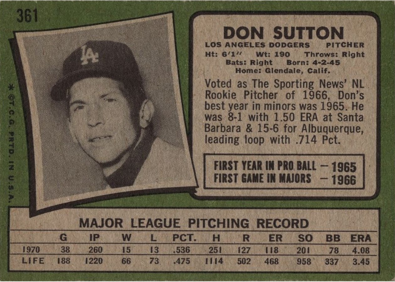 1971 Topps #361 Don Sutton card back