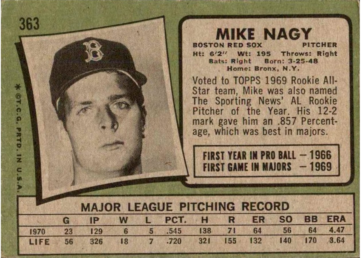 1971 Topps #363 Mike Nagy card back
