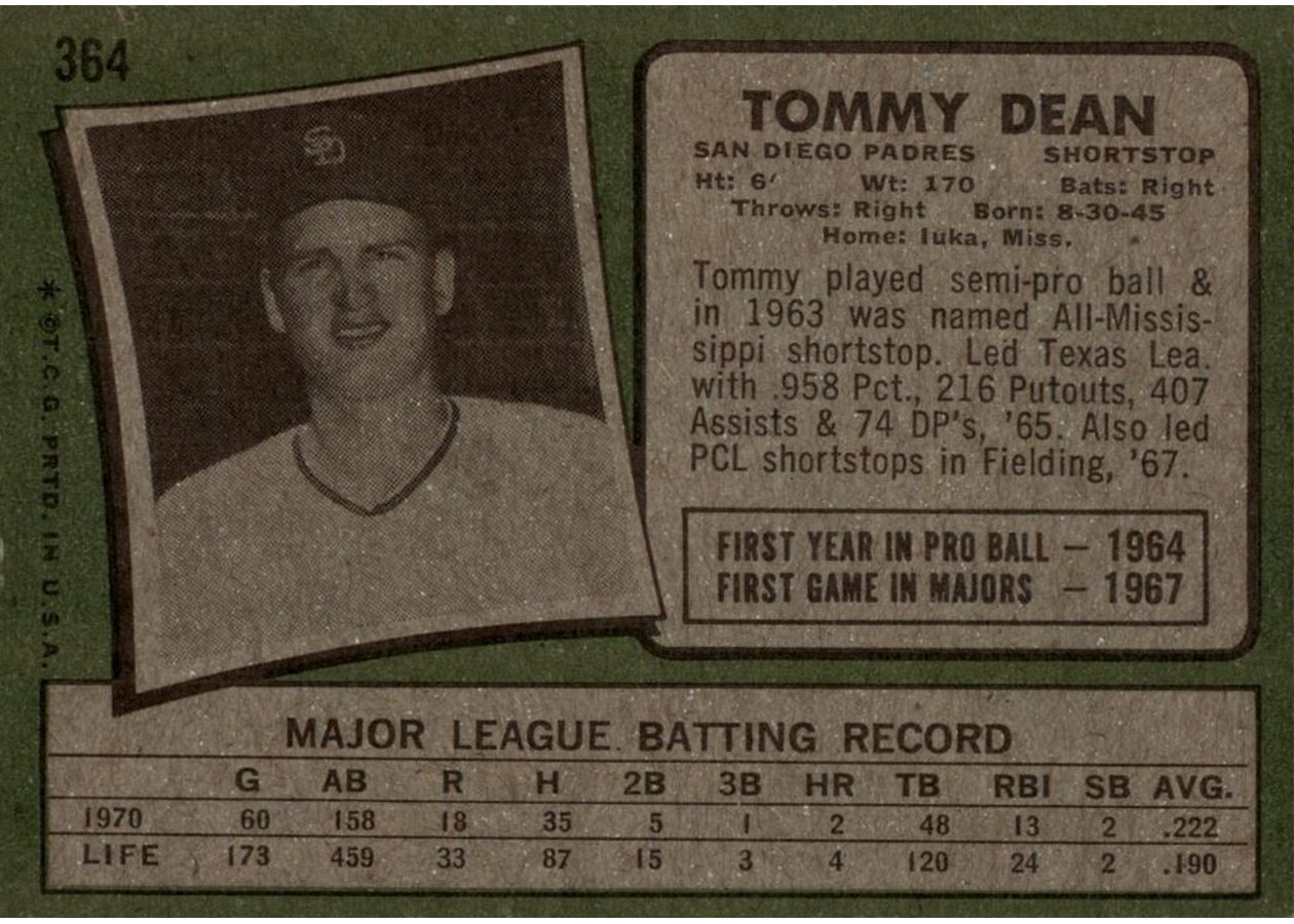 1971 Topps #364 Tommy Dean card back