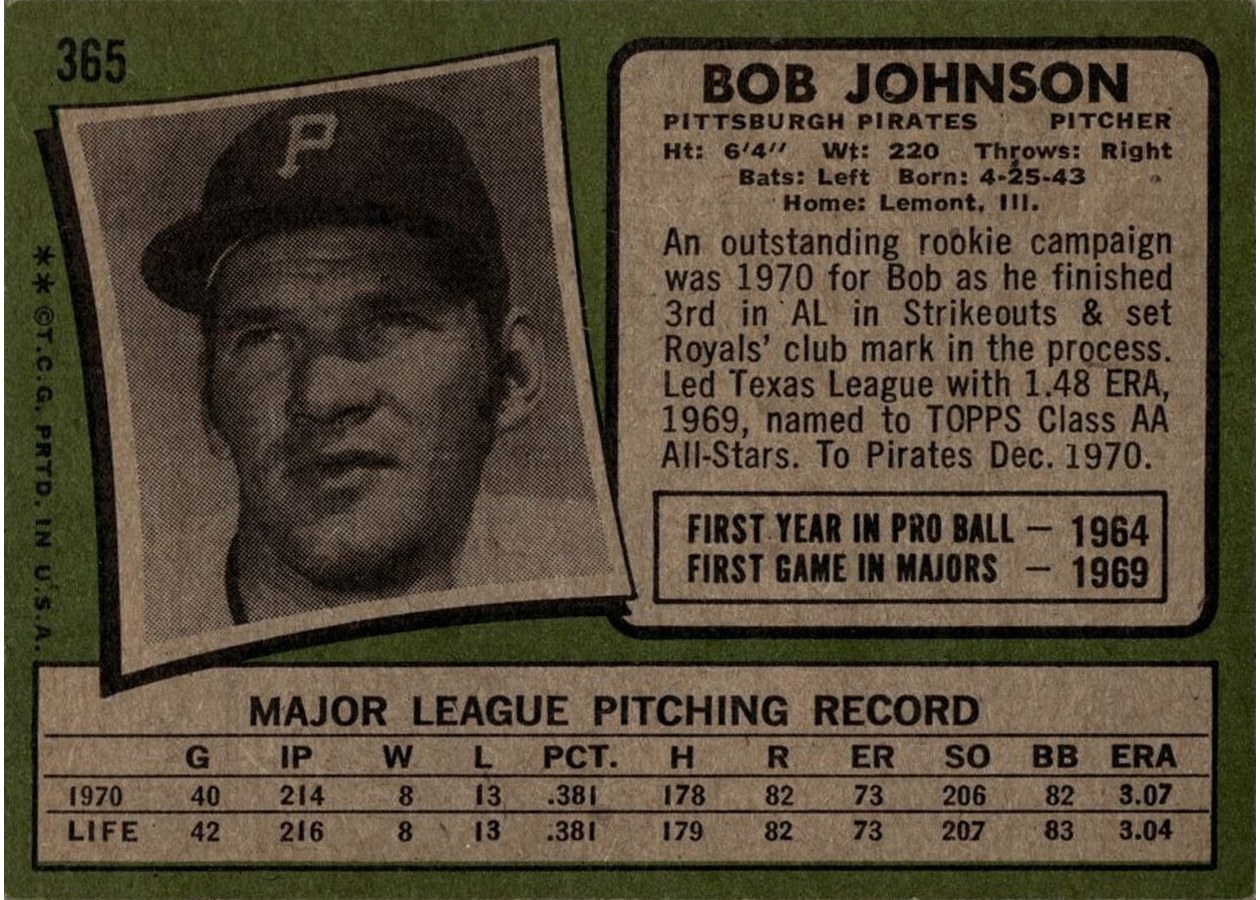 1971 Topps #365 Bob Johnson card back