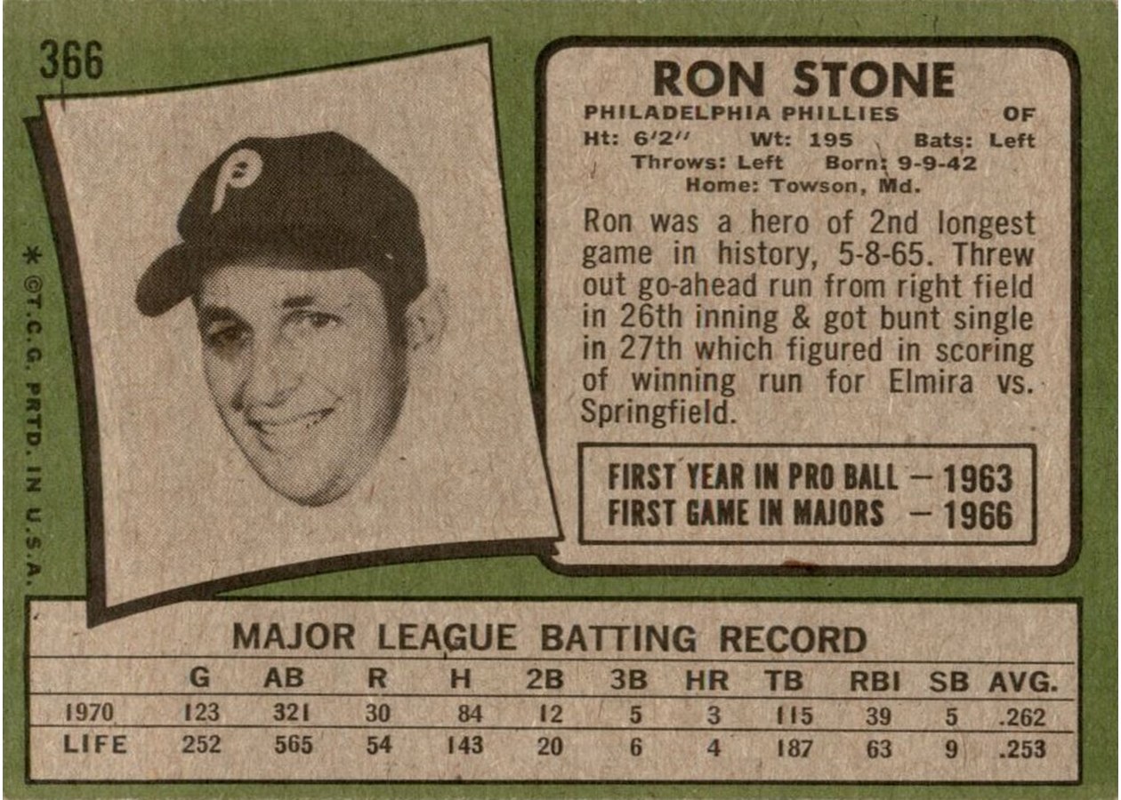 1971 Topps #366 Ron Stone card back