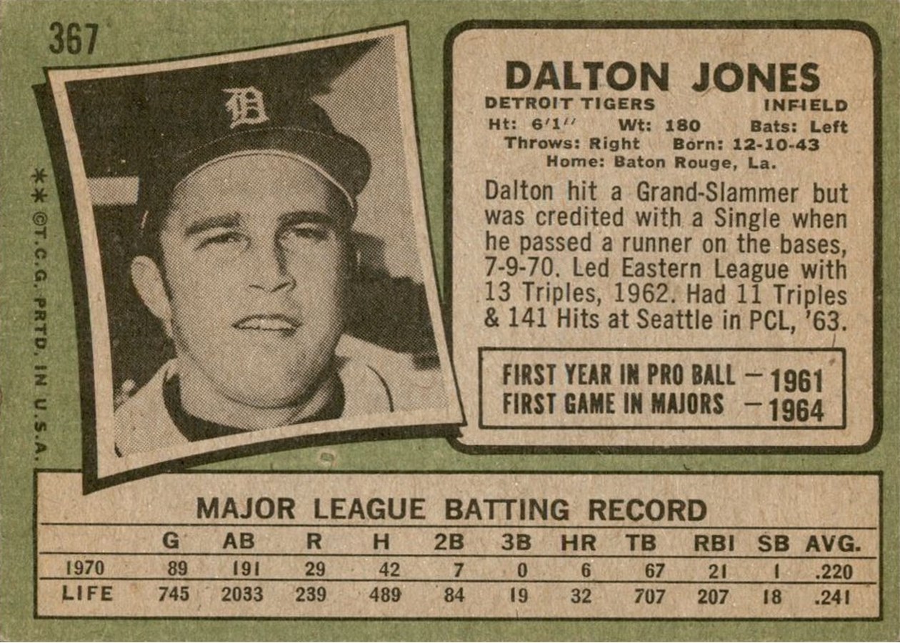 1971 Topps #367 Dalton Jones card back