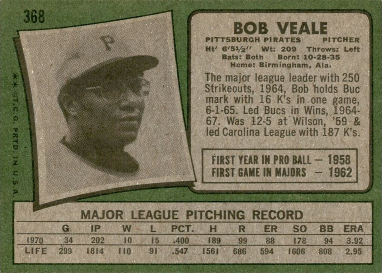 1971 Topps #368 Bob Veale card back