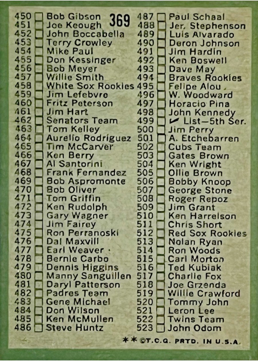 1971 Topps #369 Checklist: 394-523 card back