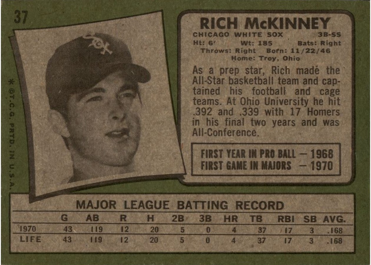 1971 Topps #37 Rich McKinney card back