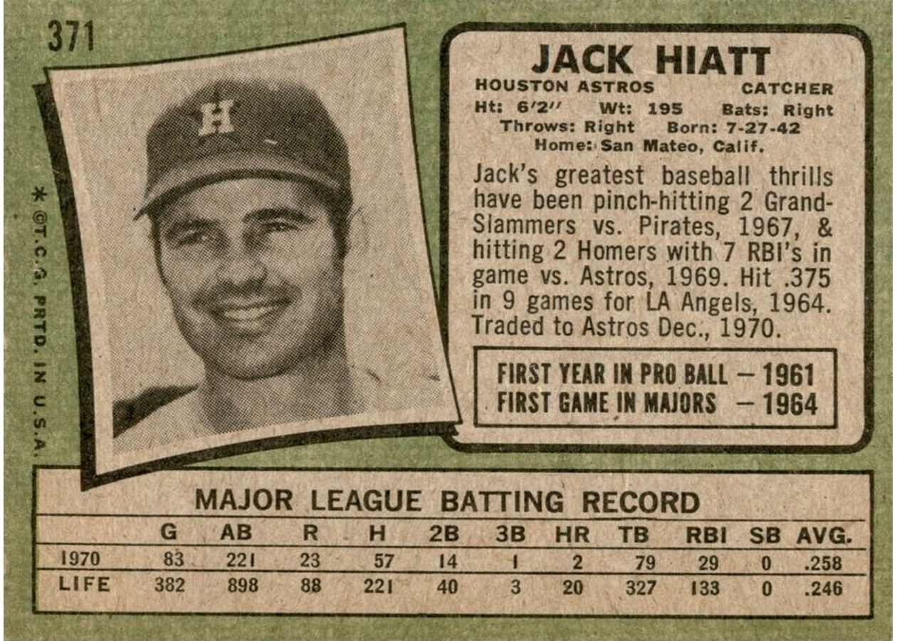 1971 Topps #371 Jack Hiatt card back