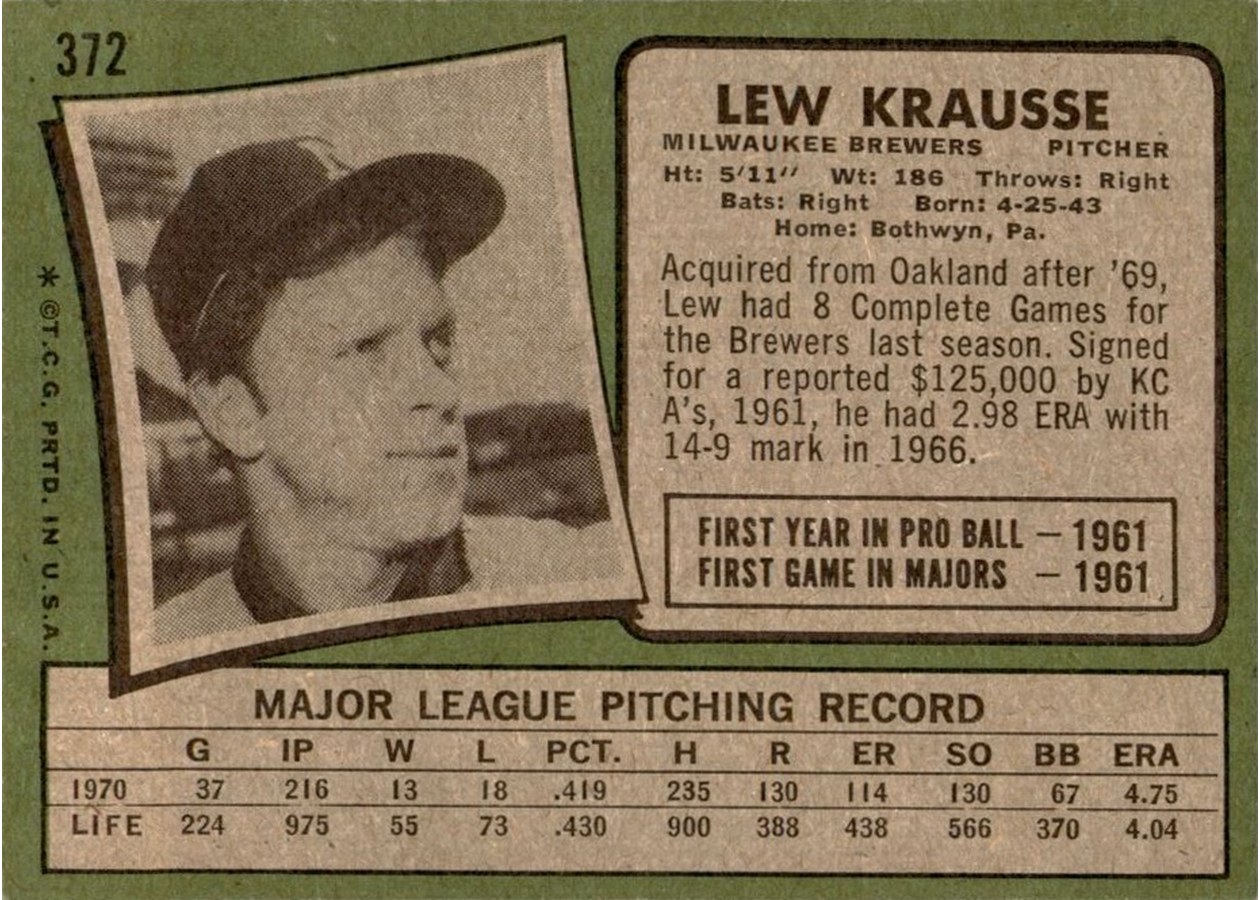 1971 Topps #372 Lew Krausse card back