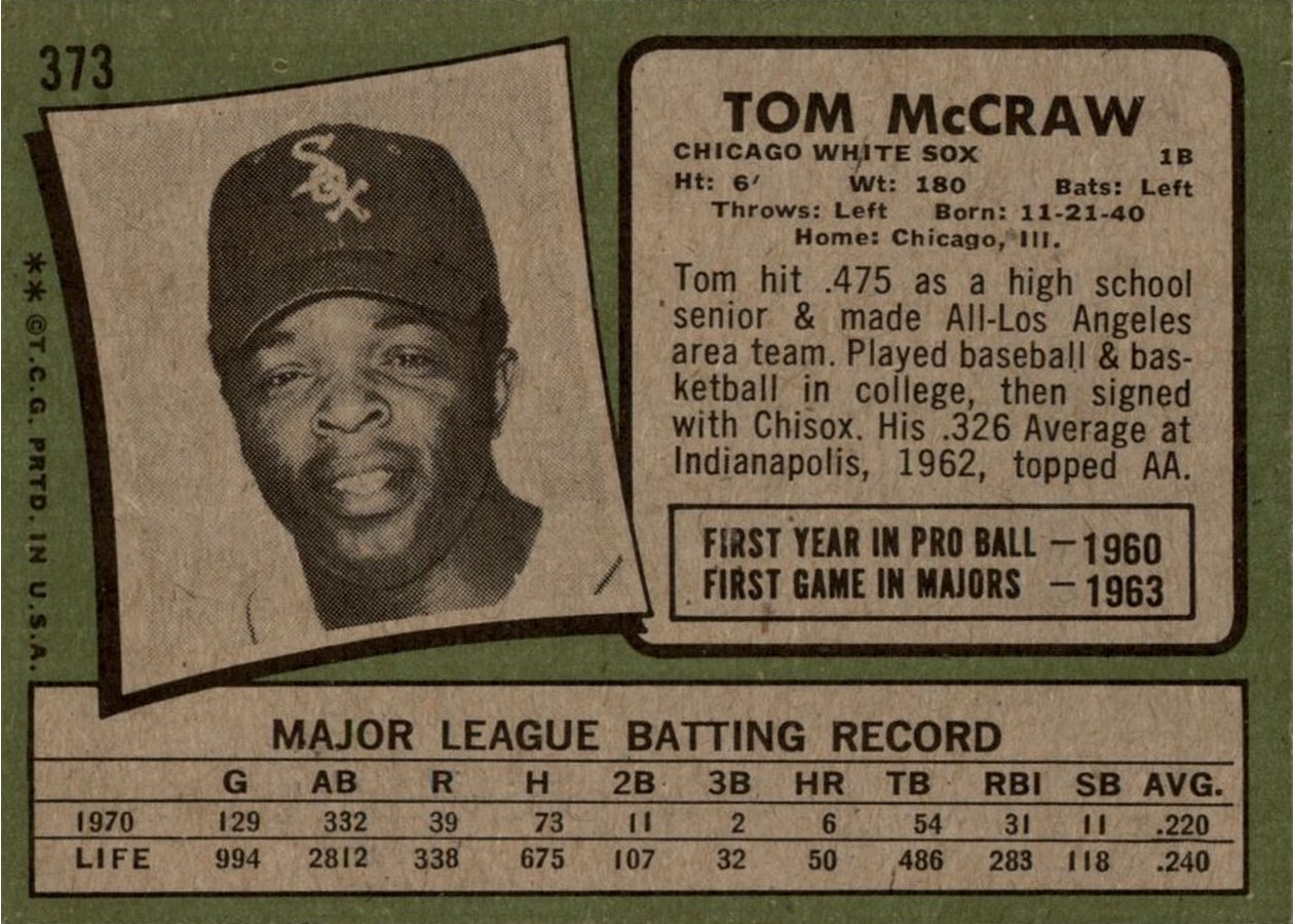 1971 Topps #373 Tom McCraw card back