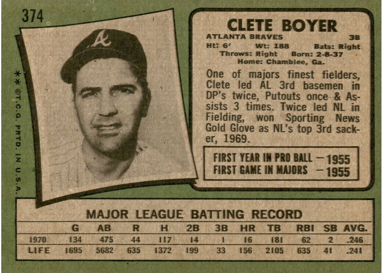 1971 Topps #374 Clete Boyer card back