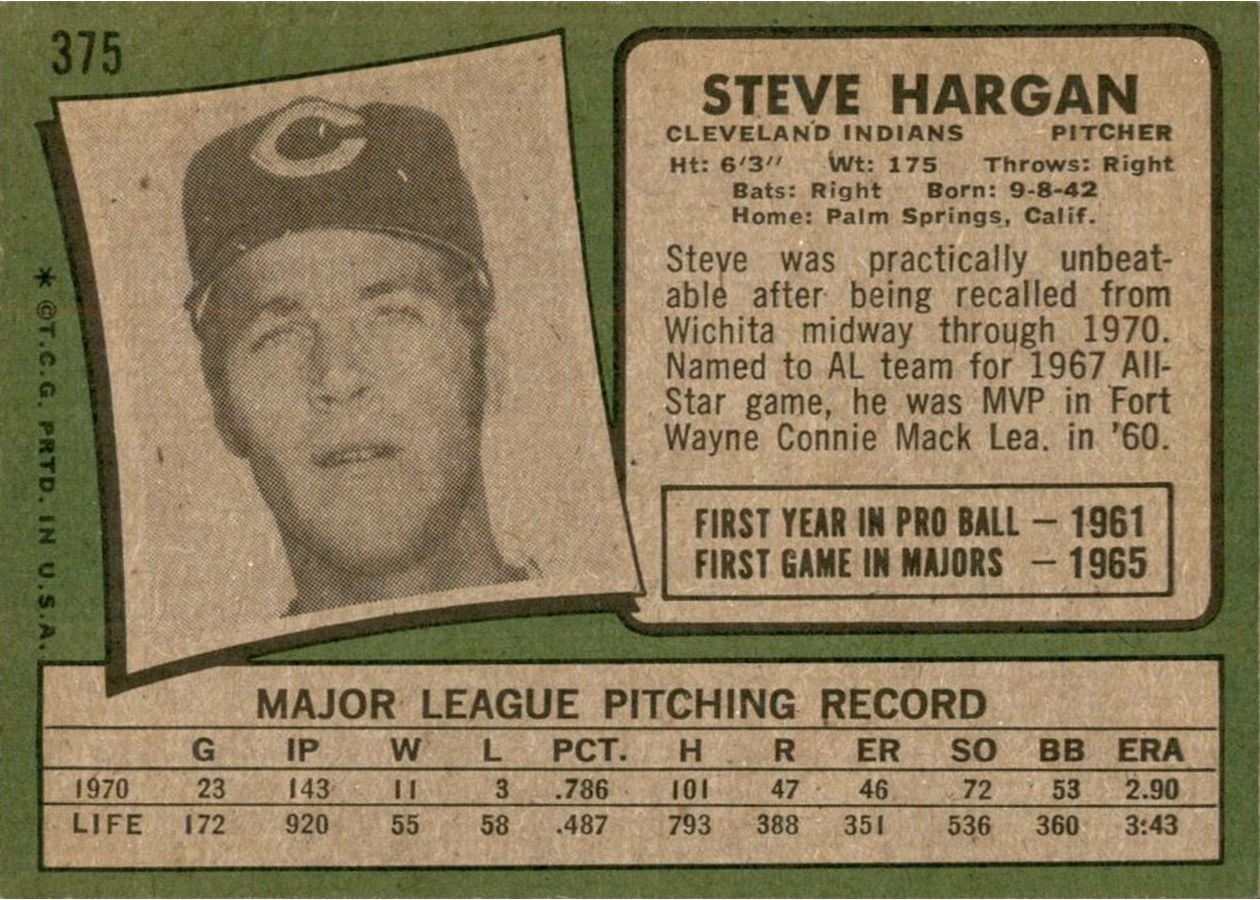 1971 Topps #375 Steve Hargan card back
