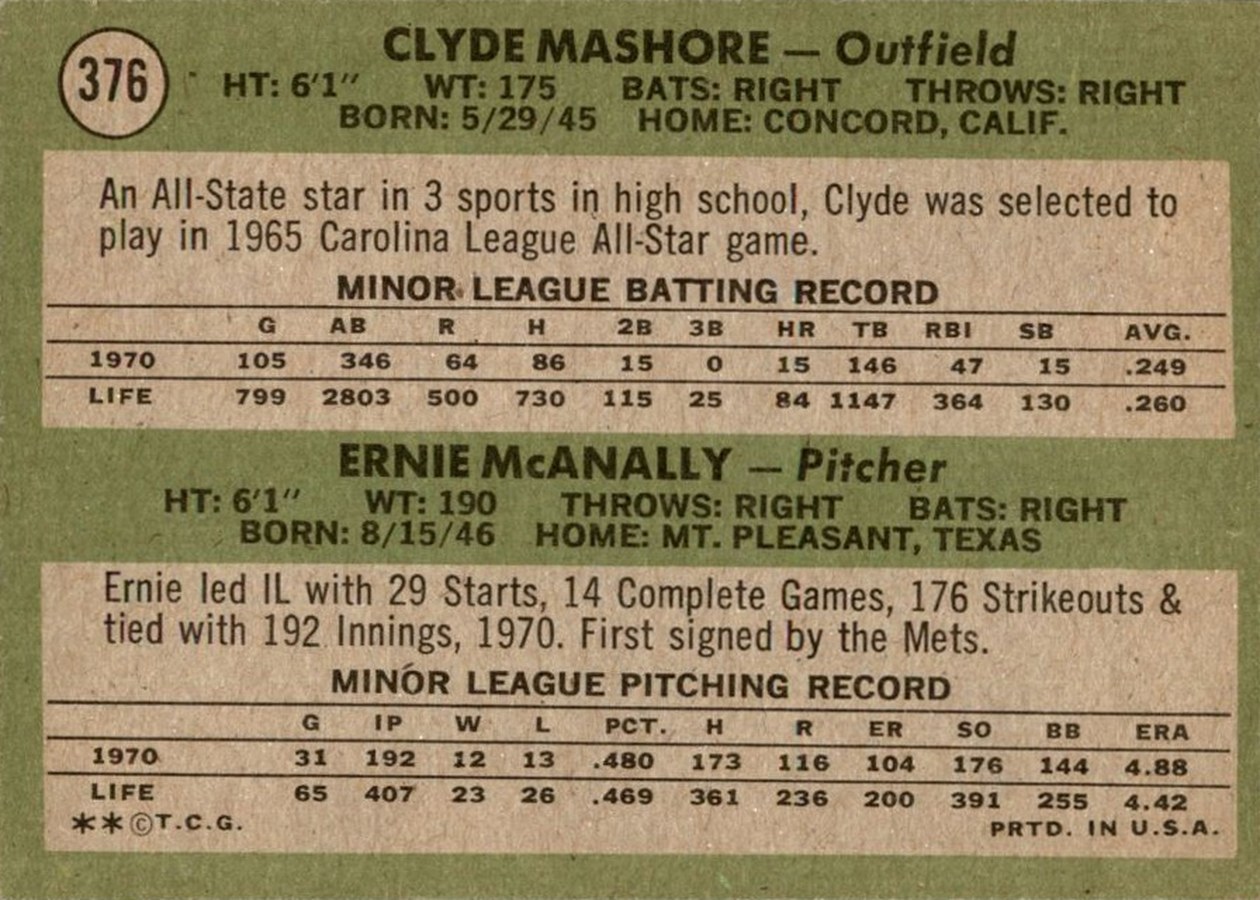 1971 Topps #376 Expos 1971 Rookie Stars card back