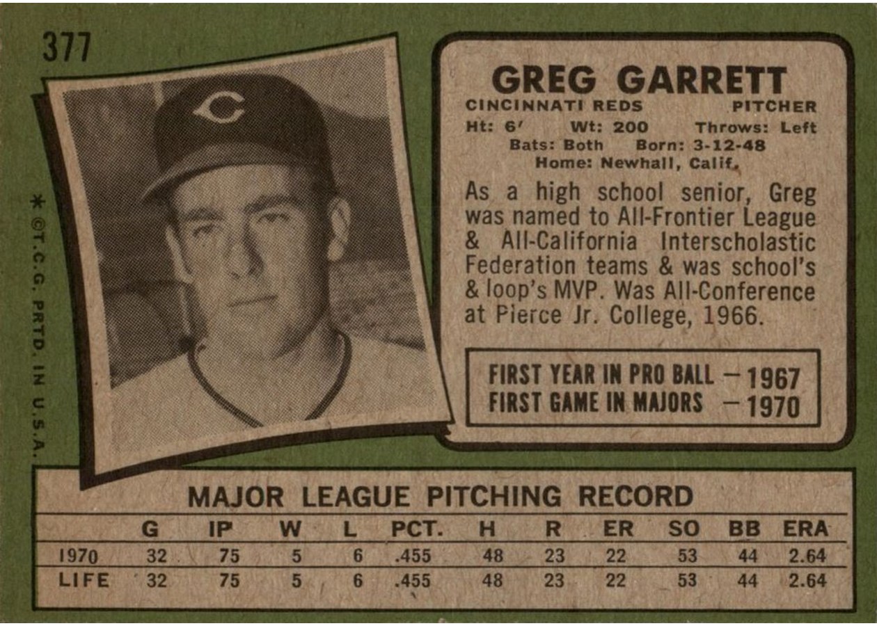 1971 Topps #377 Greg Garrett card back