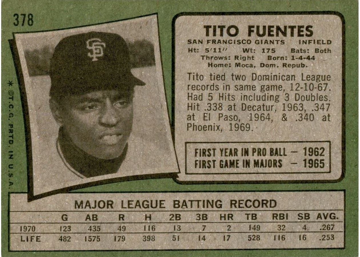 1971 Topps #378 Tito Fuentes card back
