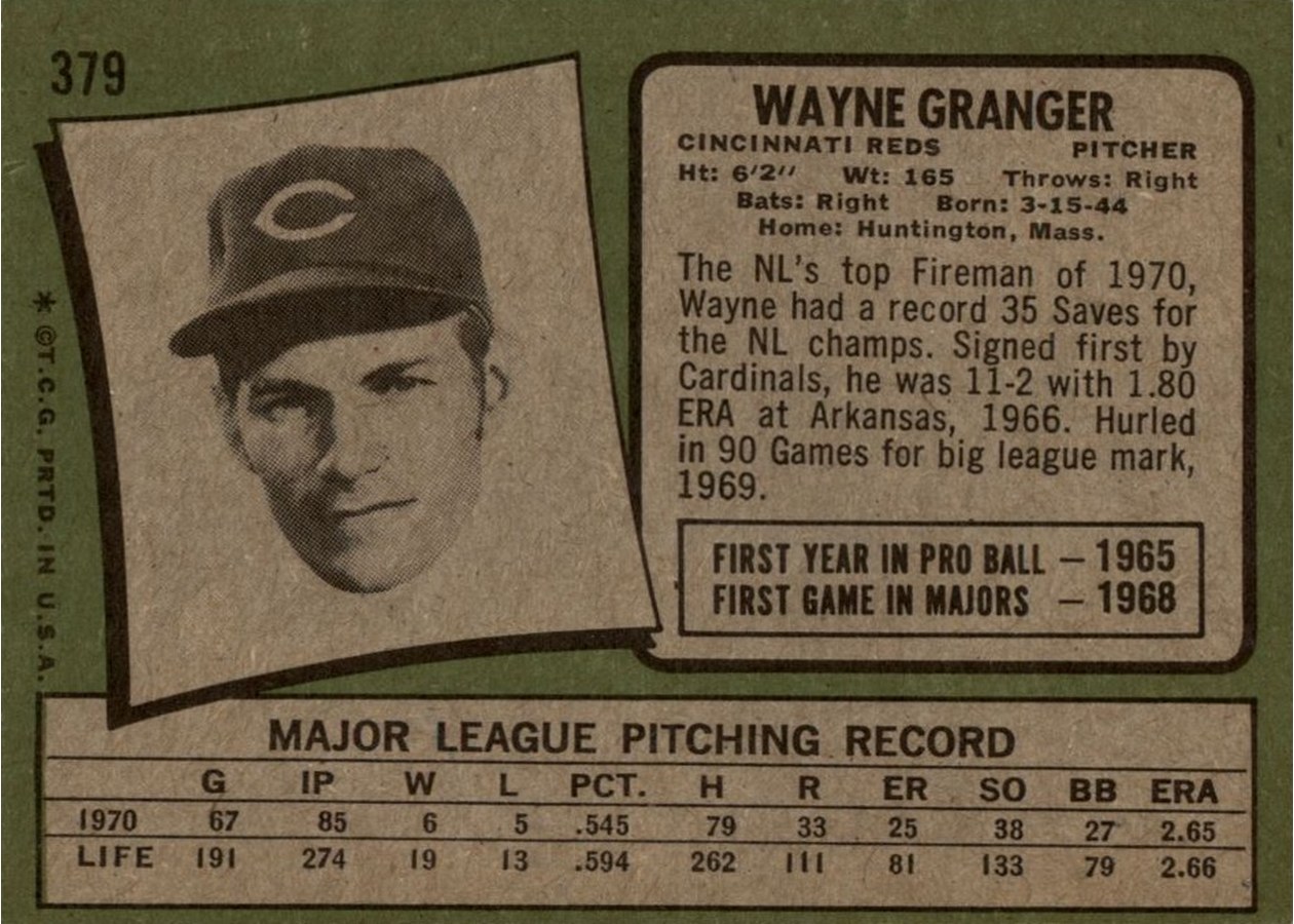 1971 Topps #379 Wayne Granger card back
