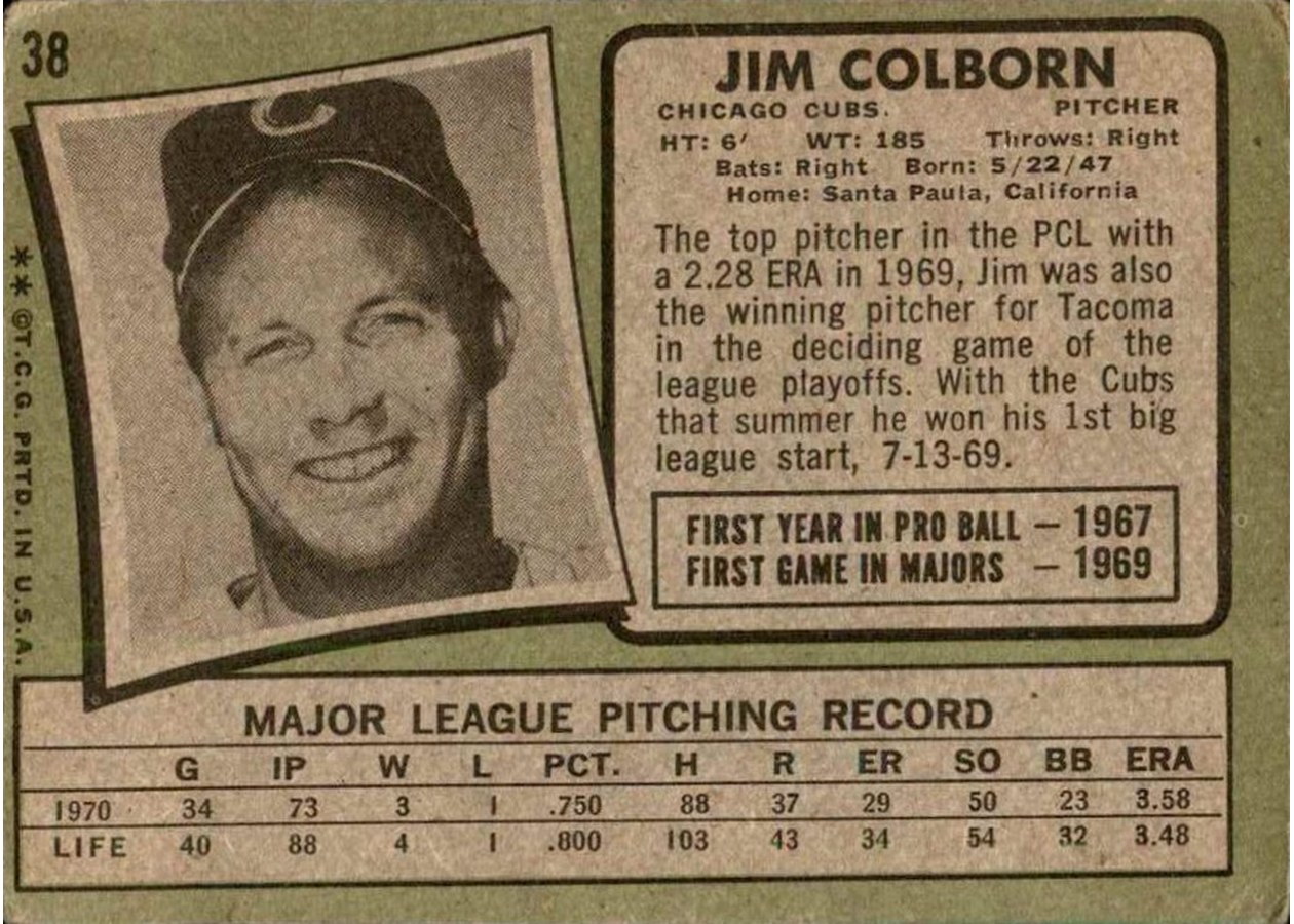 1971 Topps #38 Jim Colborn card back