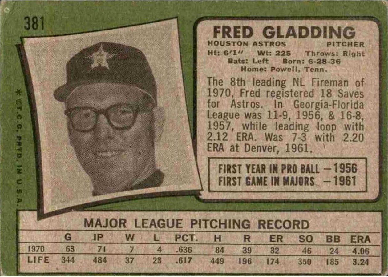 1971 Topps #381 Fred Gladding card back