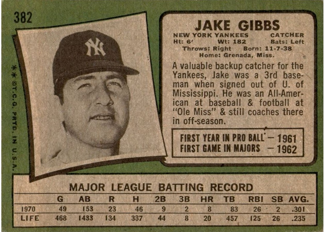 1971 Topps #382 Jake Gibbs card back