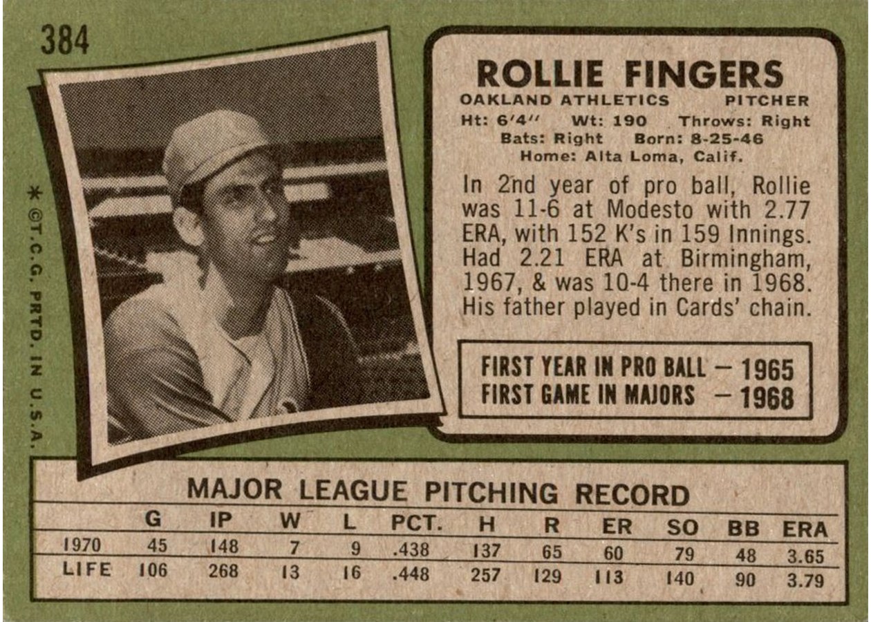 1971 Topps #384 Rollie Fingers card back