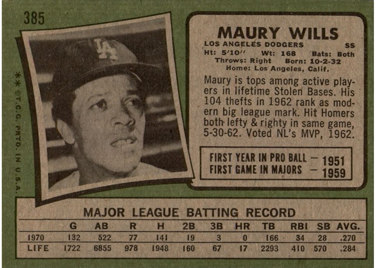 1971 Topps #385 Maury Wills card back