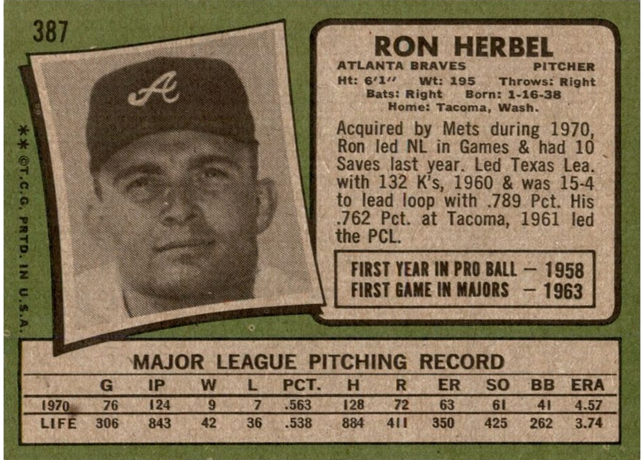 1971 Topps #387 Ron Herbel card back