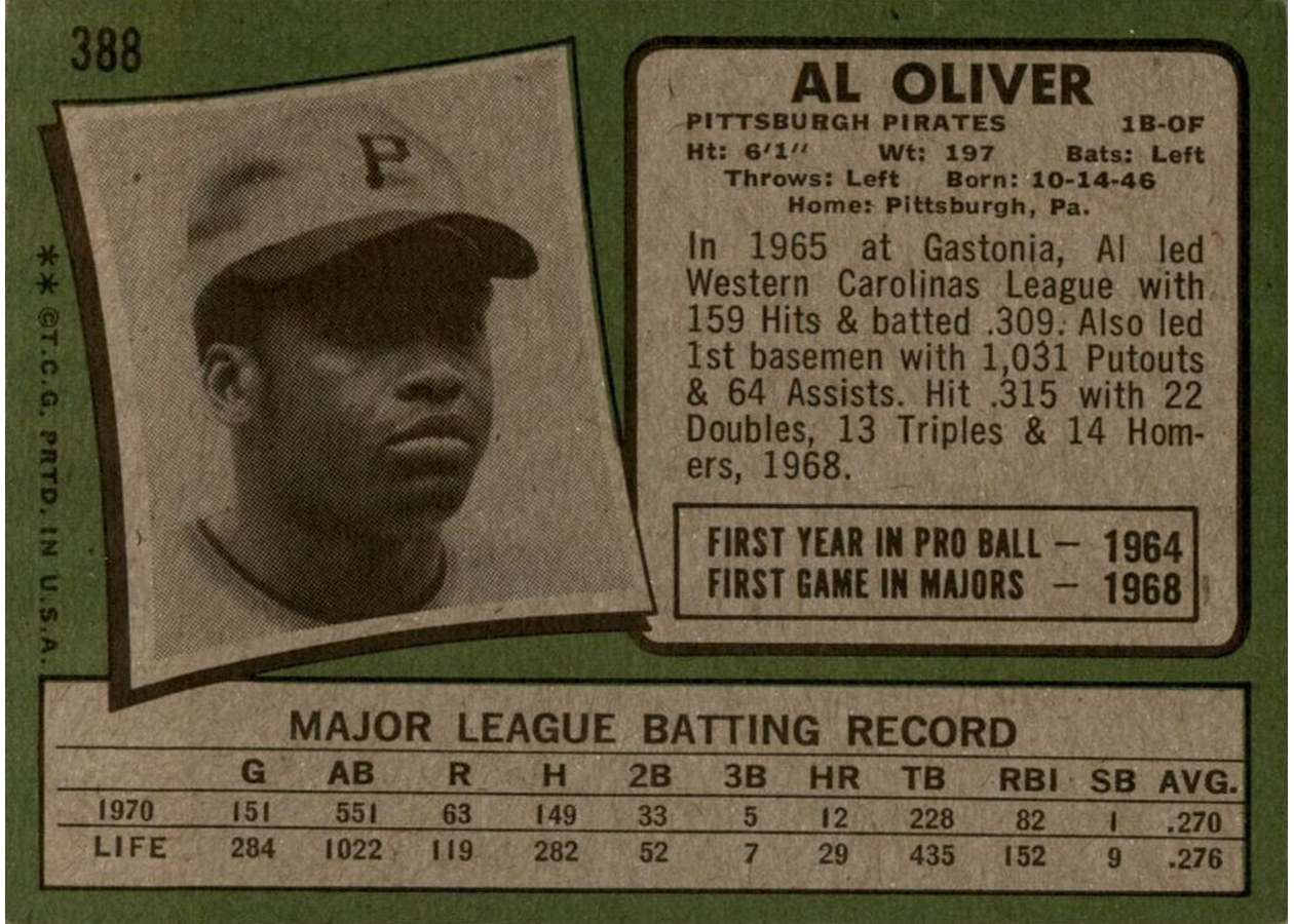 1971 Topps #388 Al Oliver card back