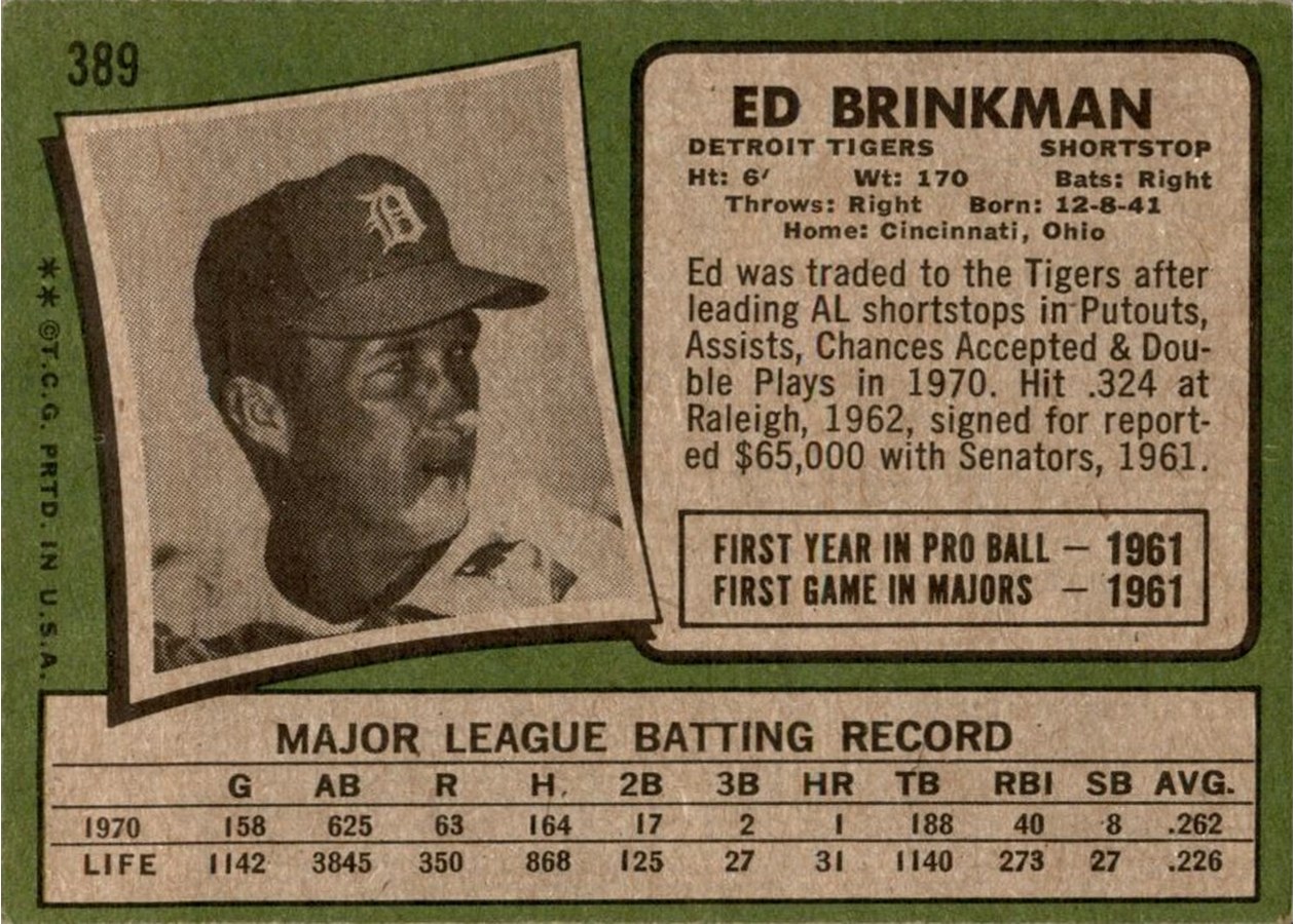 1971 Topps #389 Ed Brinkman card back