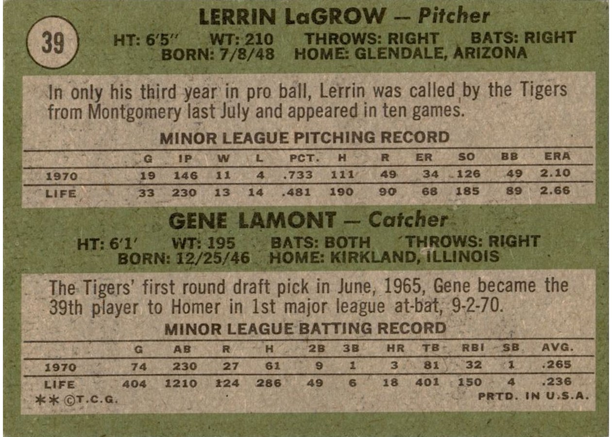 1971 Topps #39 Tigers 1971 Rookie Stars card back