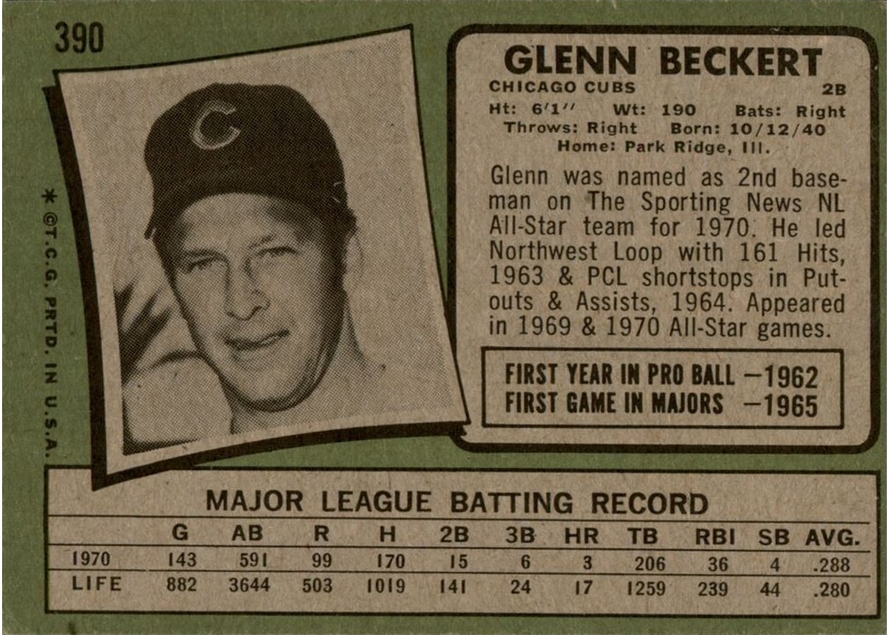 1971 Topps #390 Glenn Beckert card back