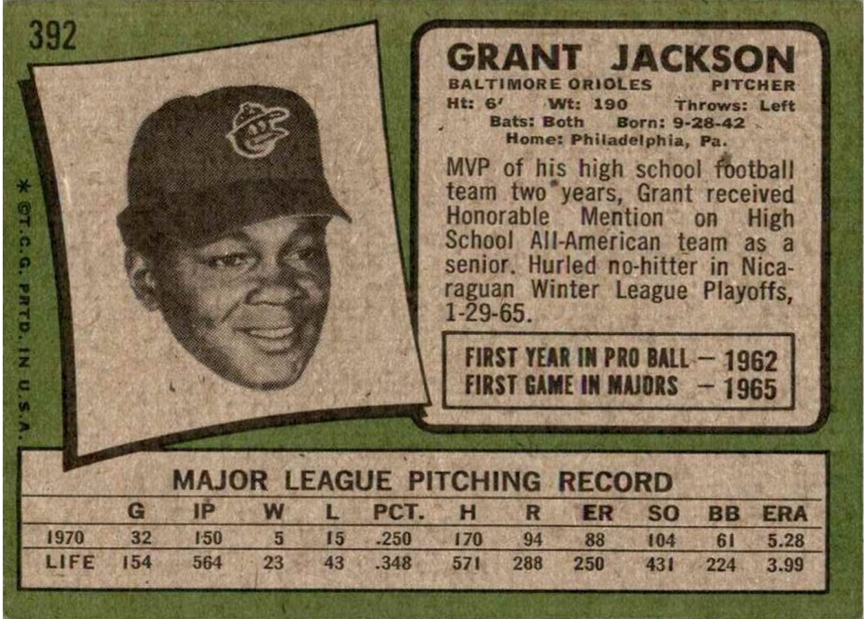 1971 Topps #392 Grant Jackson card back
