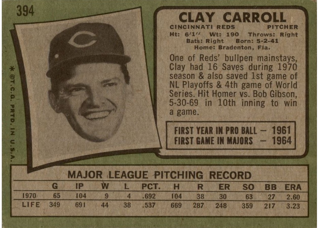 1971 Topps #394 Clay Carroll card back
