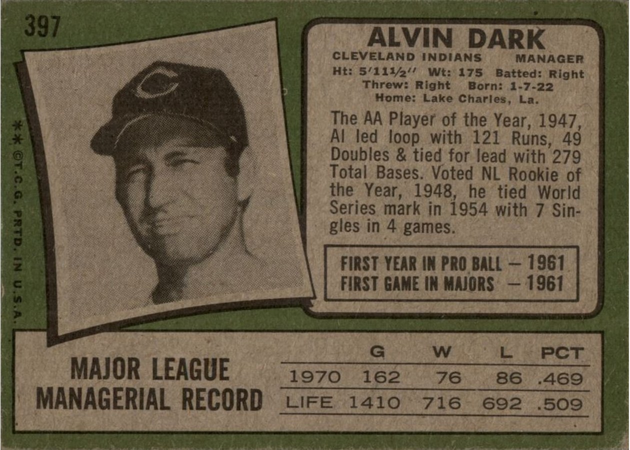 1971 Topps #397 Alvin Dark card back