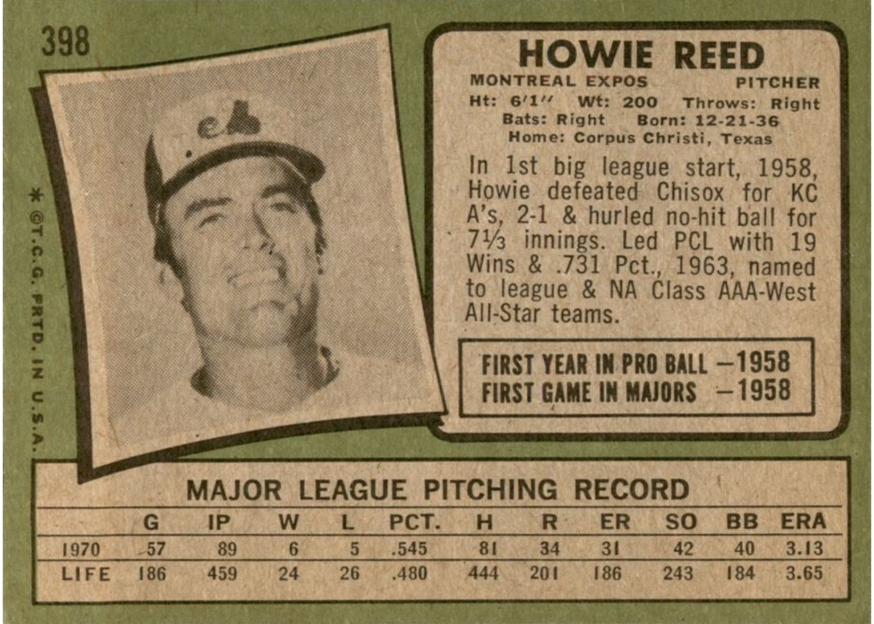 1971 Topps #398 Howie Reed card back