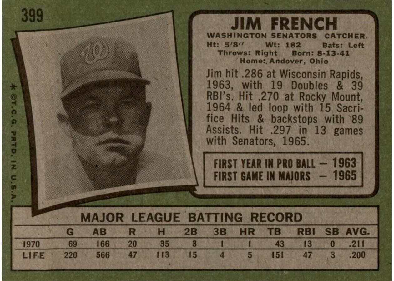1971 Topps #399 Jim French card back