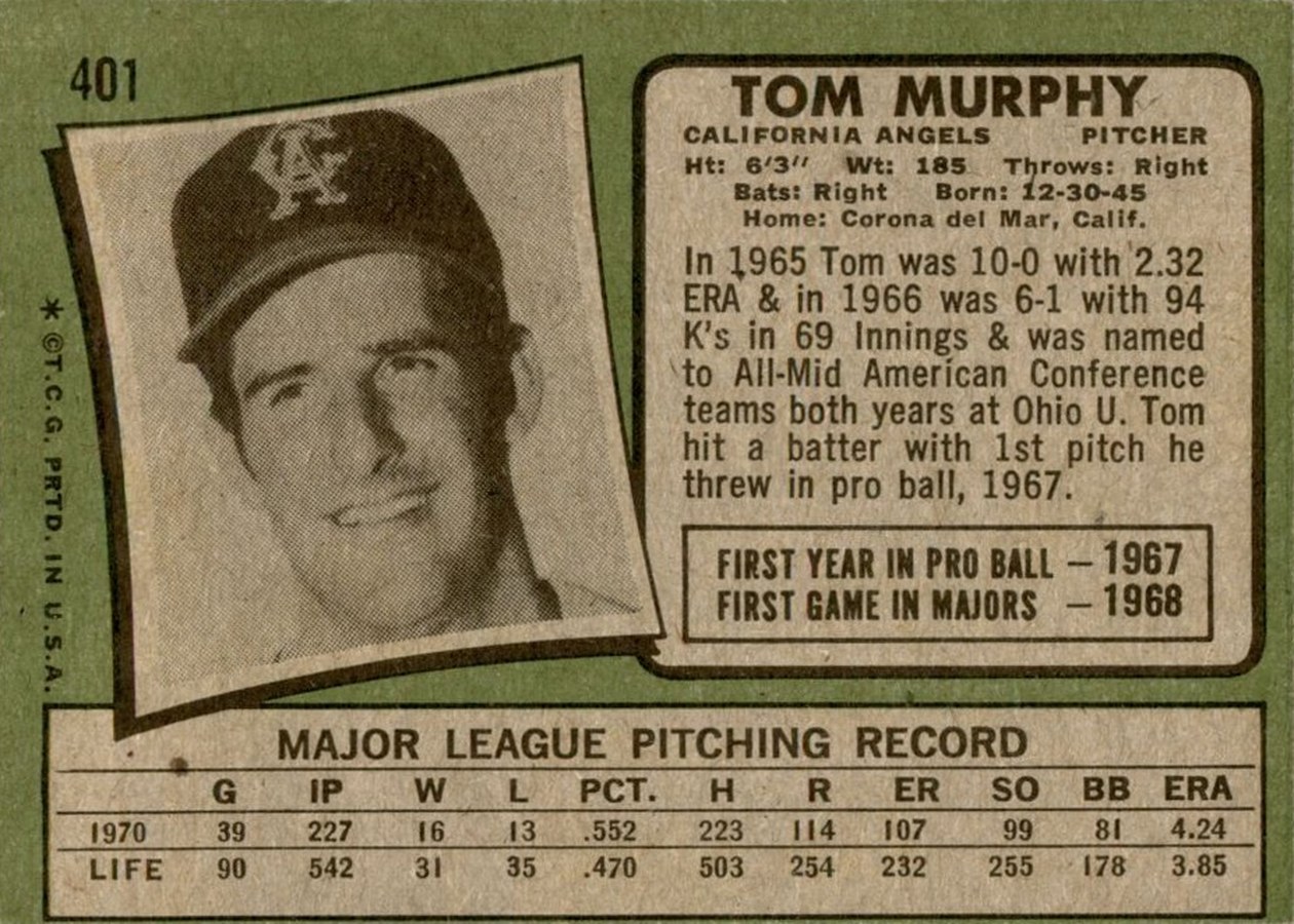1971 Topps #401 Tom Murphy card back