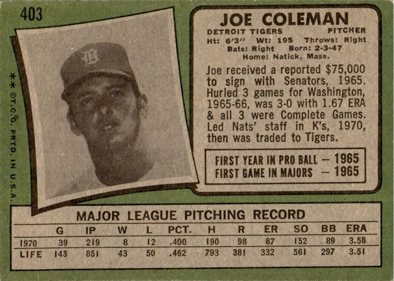 1971 Topps #403 Joe Coleman card back