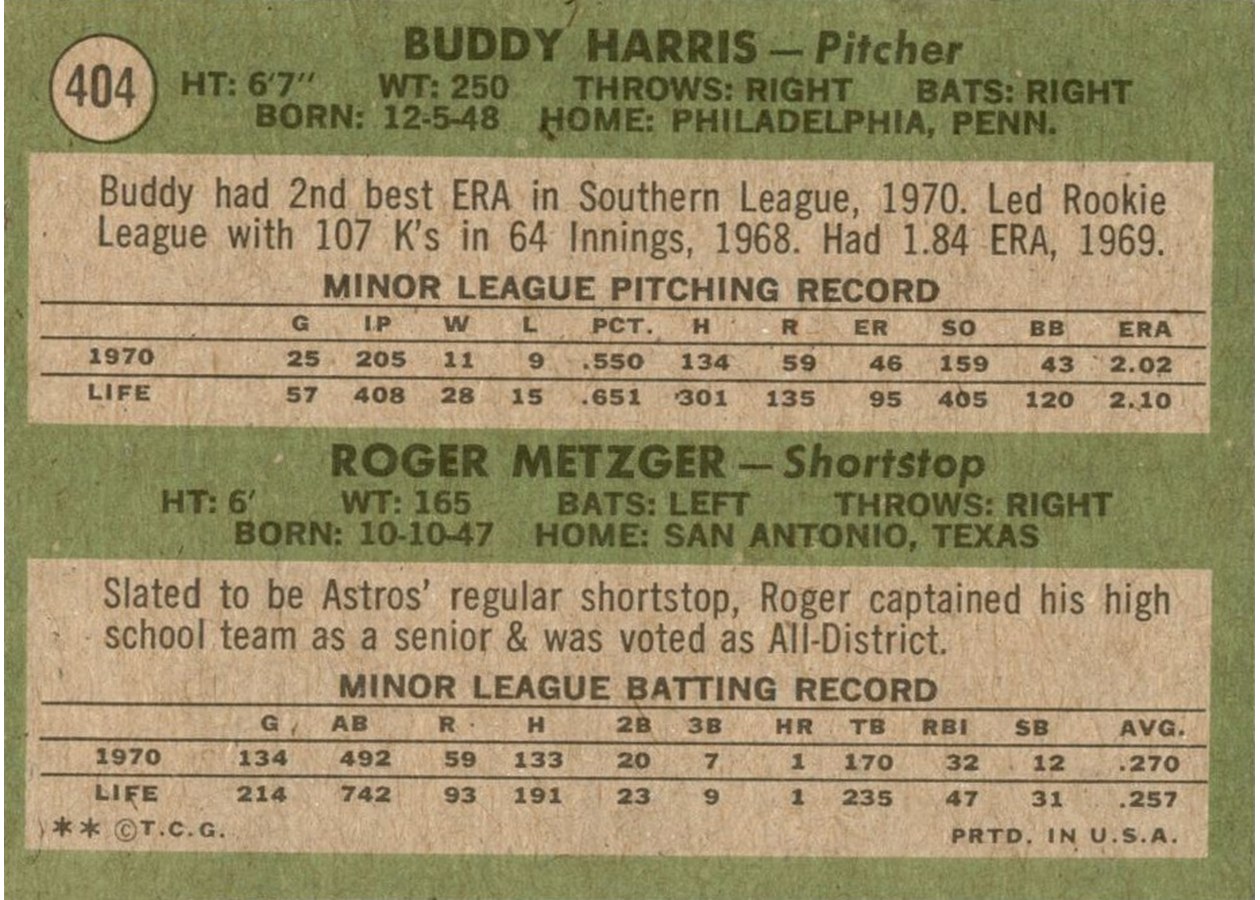 1971 Topps #404 Astros 1971 Rookie Stars card back