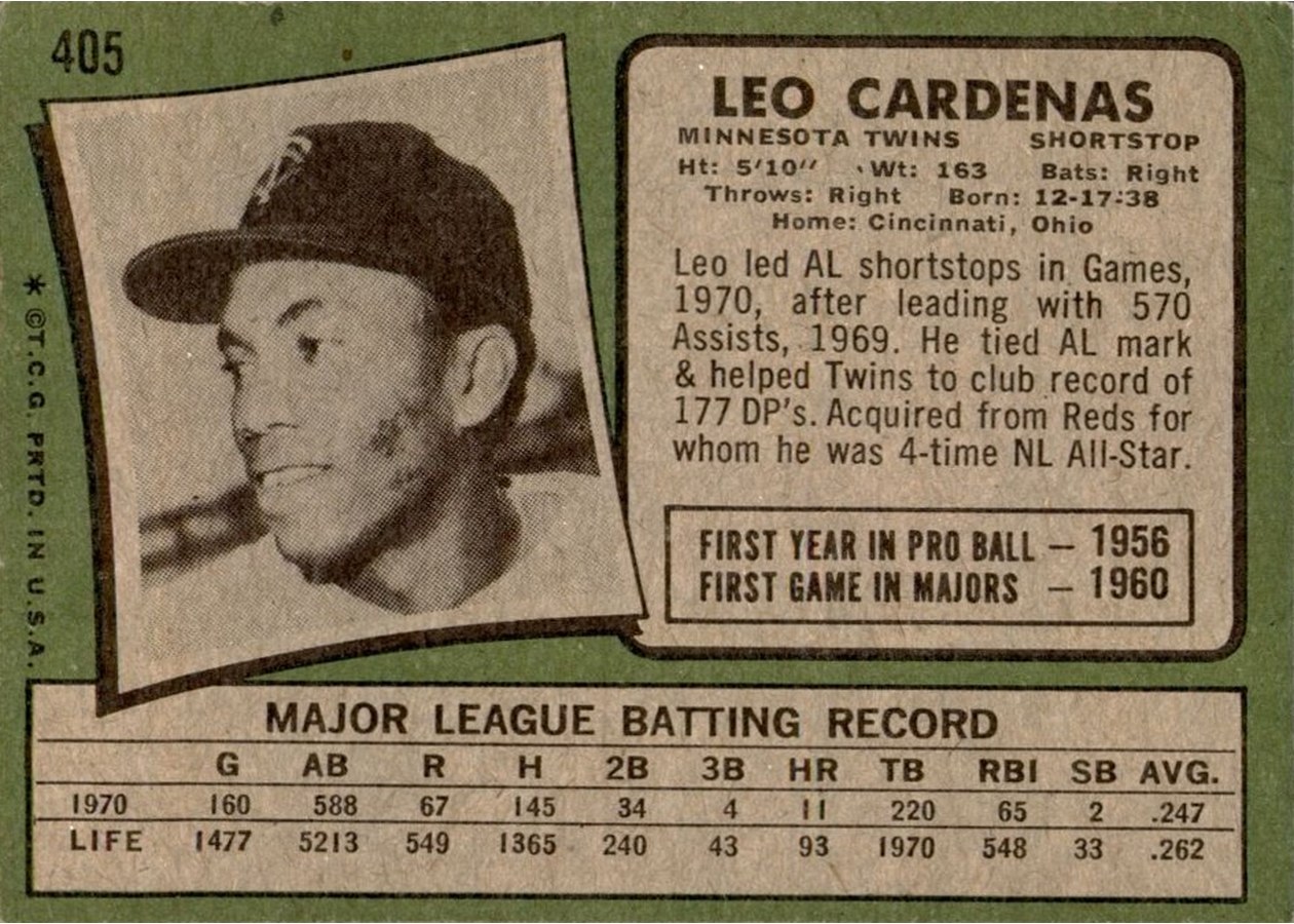 1971 Topps #405 Leo Cardenas card back