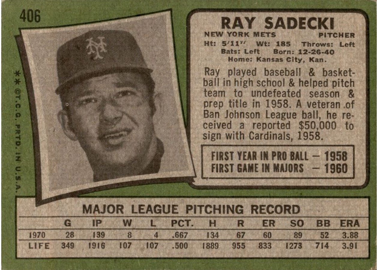 1971 Topps #406 Ray Sadecki card back