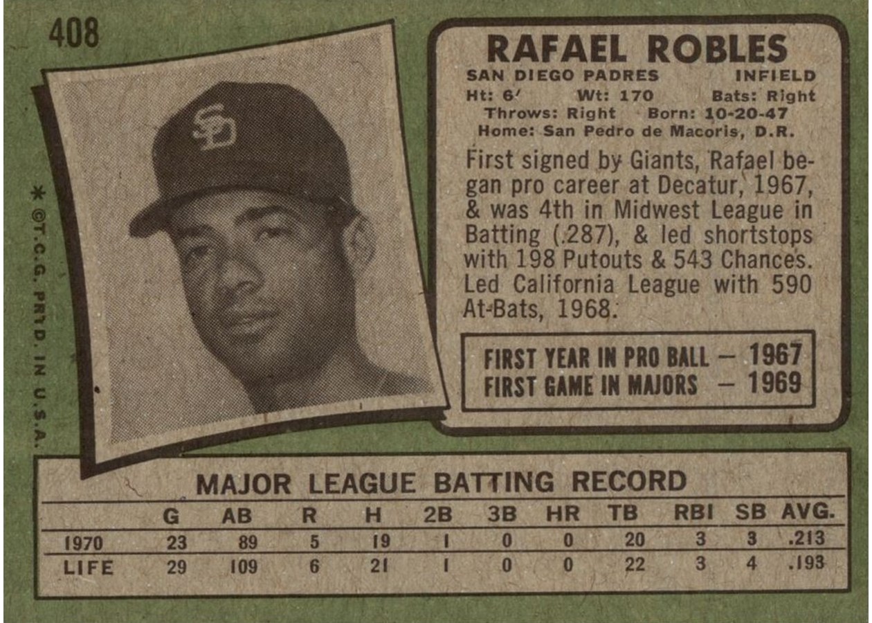 1971 Topps #408 Rafael Robles card back
